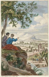 Figuren blicken über eine Landschaft
