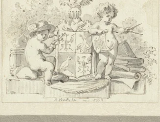 Zwei Putti mit Zirkel und Äskulapstab beim Familienwappen von Schoemaker