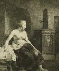 Eine halb angezogene Frau sitzt neben einem Ofen, 1658