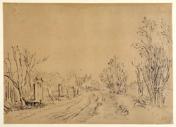 Eine Hauptstraße, die durch Bäume zu einem Haus führt (zwei Brücken und Torzugänge zum Deich) (Feder & Tinte auf braunem Papier)