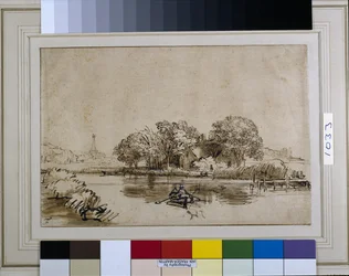Ein Mann rudert ein Boot auf der Bullewijk, mit Blick auf Ouderkerk, ca. 1650 (Feder & Tinte mit brauner Waschung & weißer Körperfarbe auf Papier)