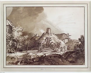 Häuser unter einem stürmischen Himmel (Zeichnung)