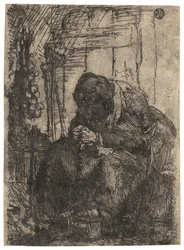 Alte Frau sitzt in einer Hütte mit einer Zwiebelkette an der Wand, um 1629 (Radierung)