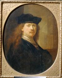 Rembrandt mit Mütze vor Architekturhintergrund