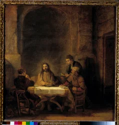 Die Pilger von Emmaus. Christus erscheint den Pilgern, die an einem Tisch in einer Herberge in Emmaus sitzen. 1648. Maße: 0,68 x 0,65 m. Die Pilger von Emmaus, auch Das Abendmahl in Emmaus genannt. Christus erscheint den Pilgern