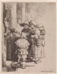 Eine Bettlerfamilie erhält Almosen
