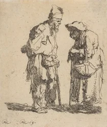 Bettler Mann und Bettler Frau im Gespräch