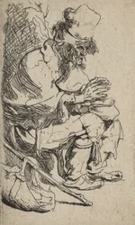 Bettler sitzt und wärmt seine Hände an einer Kohlenpfanne, ca. 1630