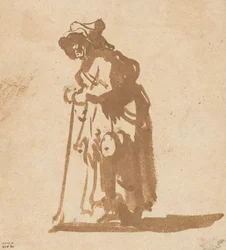Bettlerin, die sich auf einen Stock stützt, 1628-1630
