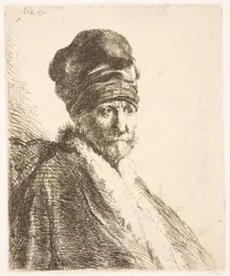 Büste eines Mannes (Rembrandts Vater?) mit hoher Mütze, Dreiviertelansicht