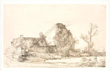 Hütte und Bauerngebäude mit einem zeichnenden Mann