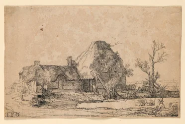 Hütten und Bauernhofgebäude mit einem Mann, der skizziert