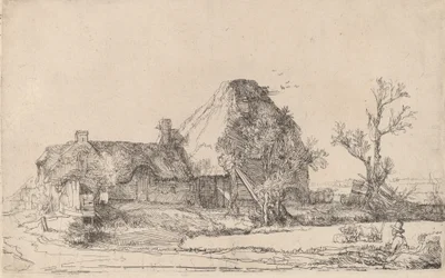 Häuser und Bauerngebäude mit einem zeichnenden Mann, ca. 1645