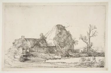 Hütten und Bauernhäuser mit einem Mann beim Skizzieren, ca. 1645
