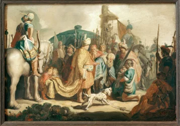 David kniet mit dem Haupte Goliaths vor Saul