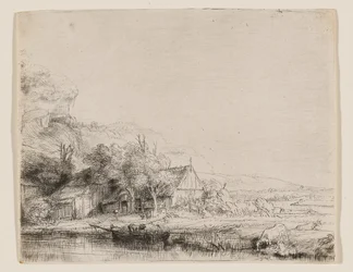 Landschaft mit einer Kuh, die trinkt