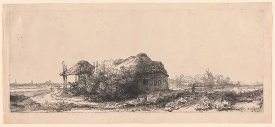 Landschaft mit Hütten und einer Heuscheune: Querformat