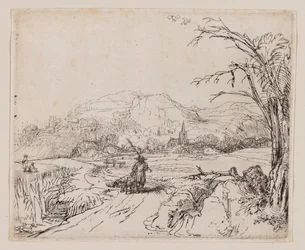 Landschaft mit Jäger und Hunden