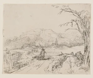 Landschaft mit Jäger und Hunden