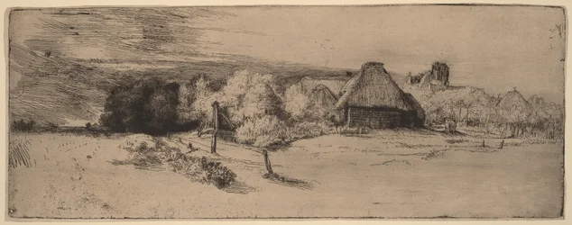 Landschaft mit Bäumen, Bauernhäusern und einem Turm