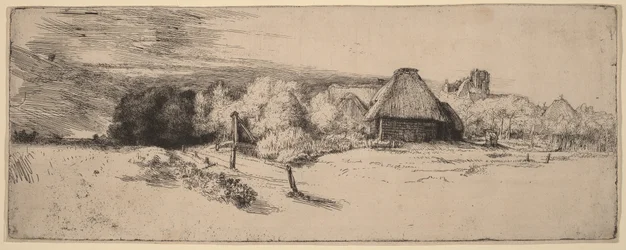 Landschaft mit Bäumen, Bauernhäusern und einem Turm