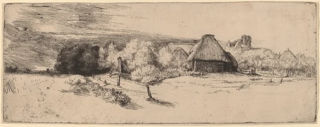 Landschaft mit Bäumen, Bauernhäusern und einem Turm, ca. 1651