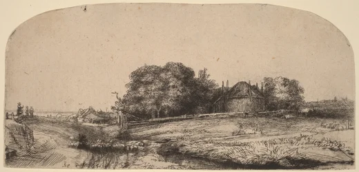 Landschaft mit einer Heuscheune und einer Schafherde