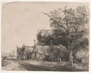 Landschaft mit drei giebelständigen Häusern an einer Straße