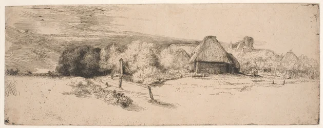 Landschaft mit Bäumen, Bauernhäusern und einem Turm