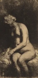 Akt, sitzend auf einer Bank mit einem Kissen, Frau badet ihre Füße an einem Bach, 1658