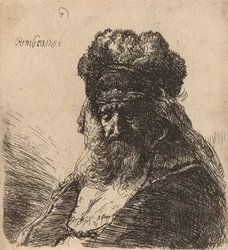 Alter bärtiger Mann mit geschlossenen Augen in einer hohen Pelzmütze, ca. 1635