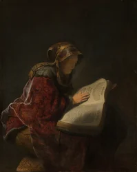 Alte Frau beim Lesen, wahrscheinlich die Prophetin Anna