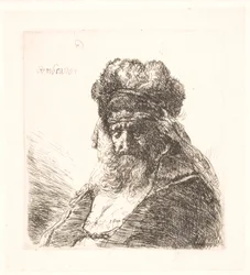 Alter bärtiger Mann mit hoher Pelzmütze, mit geschlossenen Augen