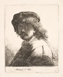 Rembrandt mit Mütze und Schal: das Gesicht dunkel: Büste