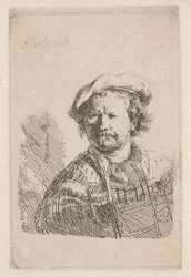 Rembrandt mit flacher Mütze und einem Schal um die Schultern