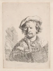 Rembrandt mit einer flachen Mütze und einem Schal um die Schultern