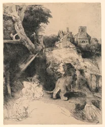 Der heilige Hieronymus liest in einer italienischen Landschaft