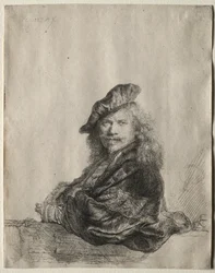 Selbstporträt, das sich auf eine Steinschwelle lehnt, 1639
