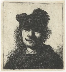 Selbstporträt mit Mütze und dunklem Mantel: Büste, ca. 1631