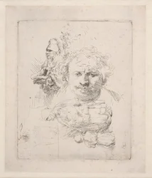 Blatt mit Studien des Kopfes von Rembrandt, einem Bettler, Frau und Kind