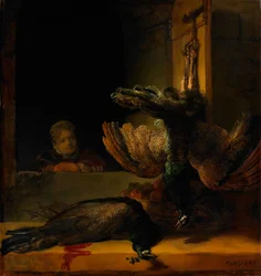 Stillleben mit zwei Pfauen und einem Mädchen, ca. 1639