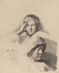 Drei Frauenköpfe, einer leicht geätzt, um 1637