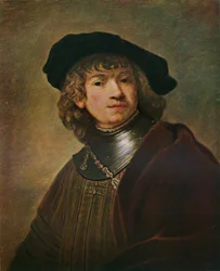 Tronie eines jungen Mannes in einem Harnisch und einer Mütze, ca. 1639