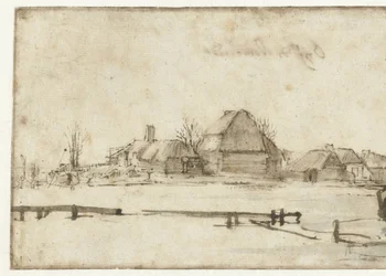 Winteransicht mit Wasserweg, Hütten und zwei Booten