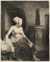 Frau sitzt halb angezogen neben einem Ofen, 1658