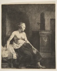 Halb angezogene Frau sitzt neben einem Ofen, 1658