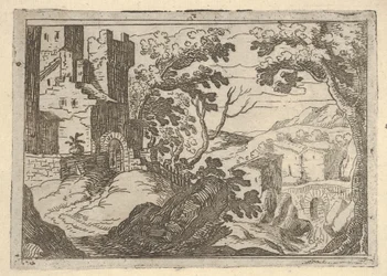 Landschaft mit Gebäuden links und einer Brücke rechts unten, ca. 1620-50