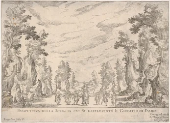 Ansicht der Szene, in der das Urteil des Paris dargestellt wird Prospettiva della scena i..., 1608