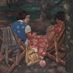 Strickende Frauen im Garten