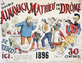 Werbeplakat für den Almanach Mathieu de la Drôme 1896 (ein Bauer gibt der Menge, die auf das Buch stürzt, Ernteberatung), 30 Cent.